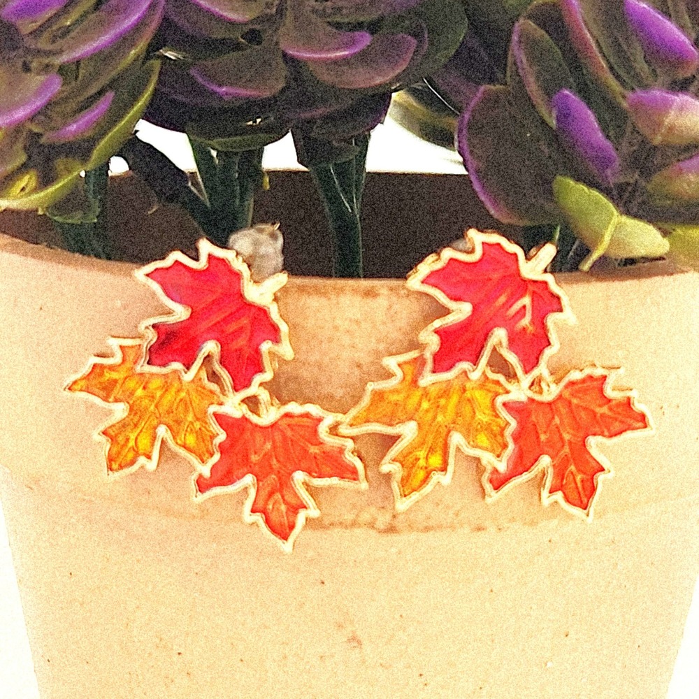 Autumn Maple Leaf Enamel Stud Earrings Gold Tone Red Orange Yellow Fall 1.25"